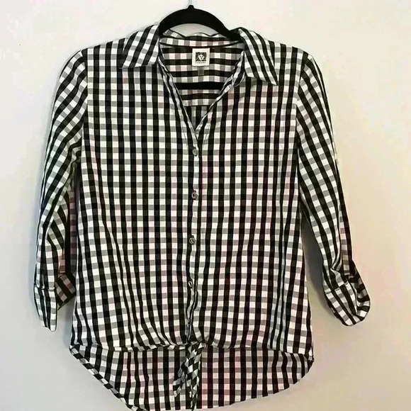 ANNE KLEIN Navy Checkered 3/4 Length Sleeve Tie Front Button Down Shirt Top - Picture 1 of 4